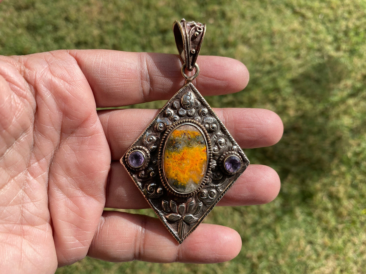 Bumblebee Jasper Tibetan Silver Pendant, Faceted Amethyst Gemstones, Tibetan Pendant, Ethnic Jewelry, Jewelry from Nepal, Natural Stone