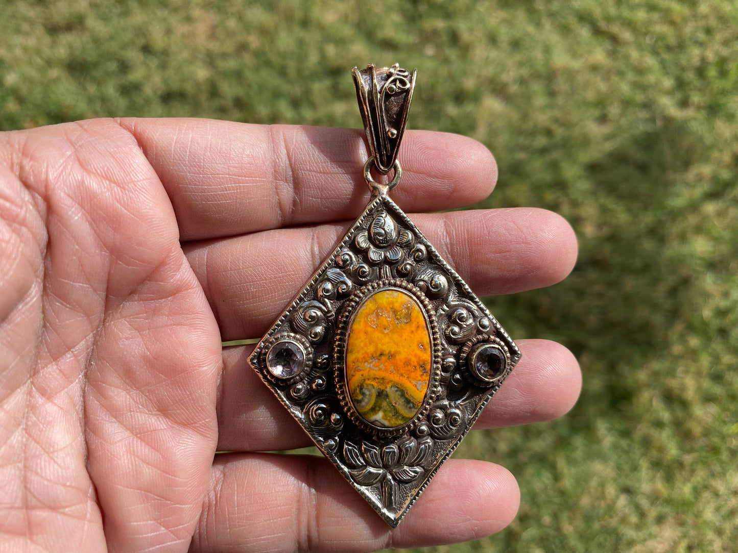 Bumblebee Jasper Tibetan Silver Pendant, Faceted Amethyst Gemstones, Tibetan Pendant, Ethnic Jewelry, Jewelry from Nepal, Natural Stone