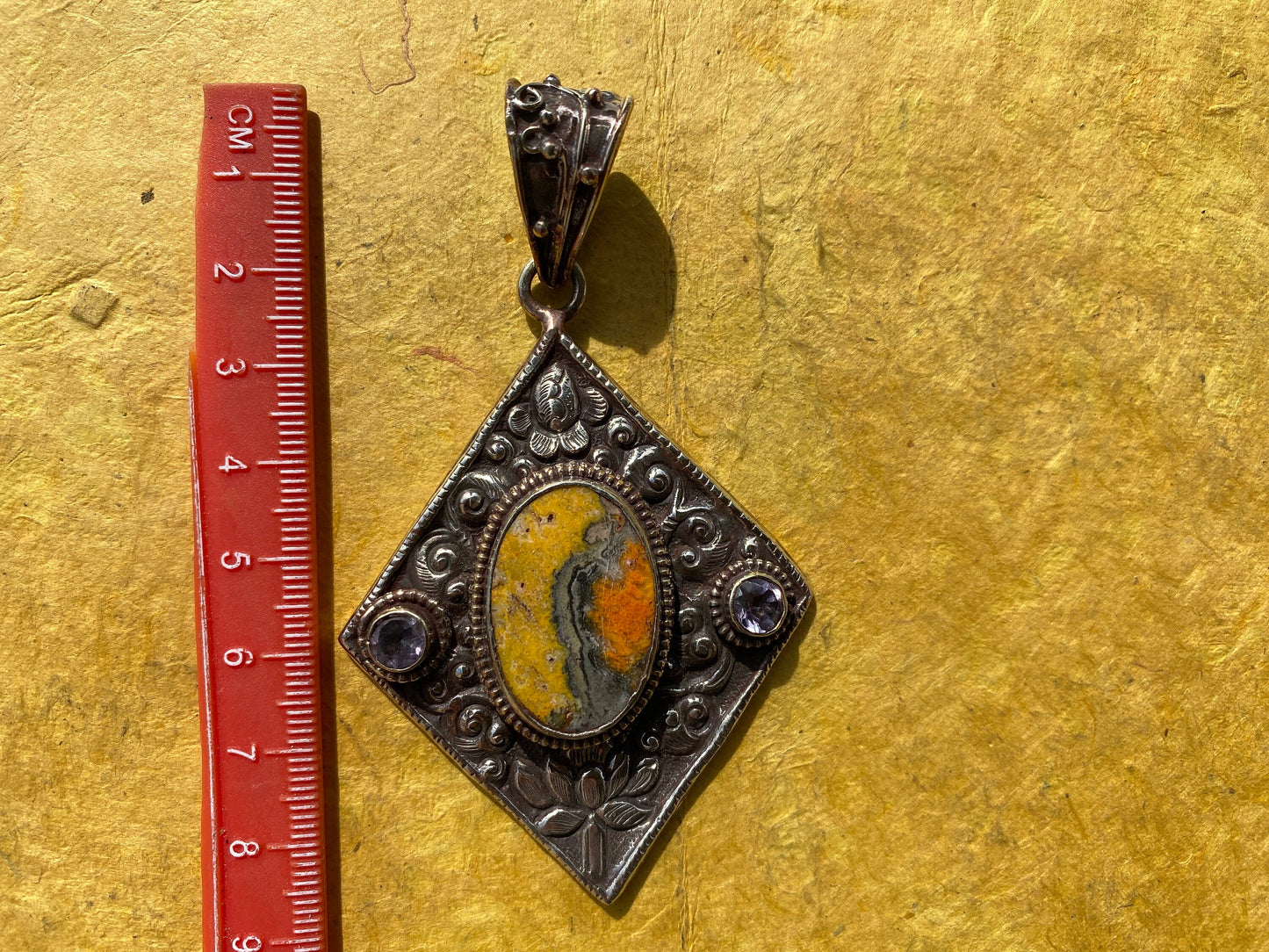 Bumblebee Jasper Tibetan Silver Pendant, Faceted Amethyst Gemstones, Tibetan Pendant, Ethnic Jewelry, Jewelry from Nepal, Natural Stone