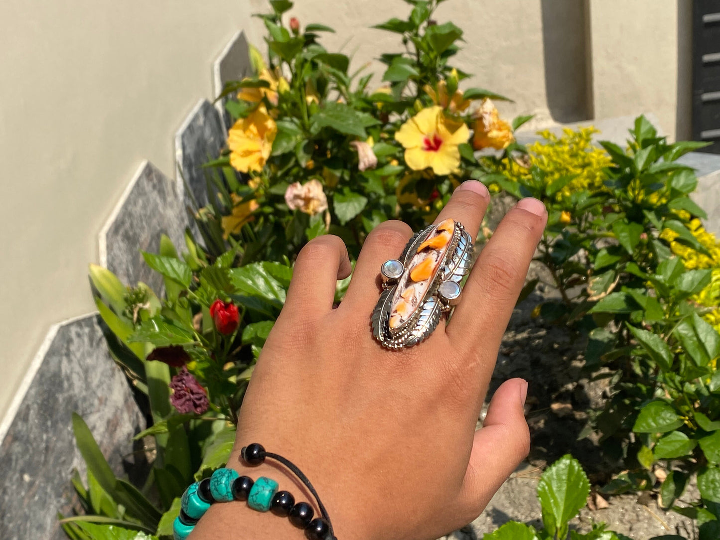 Calming Spiny Orange Oyster Ring, Handmade Tibetan Silver Ring, Hammered ring.