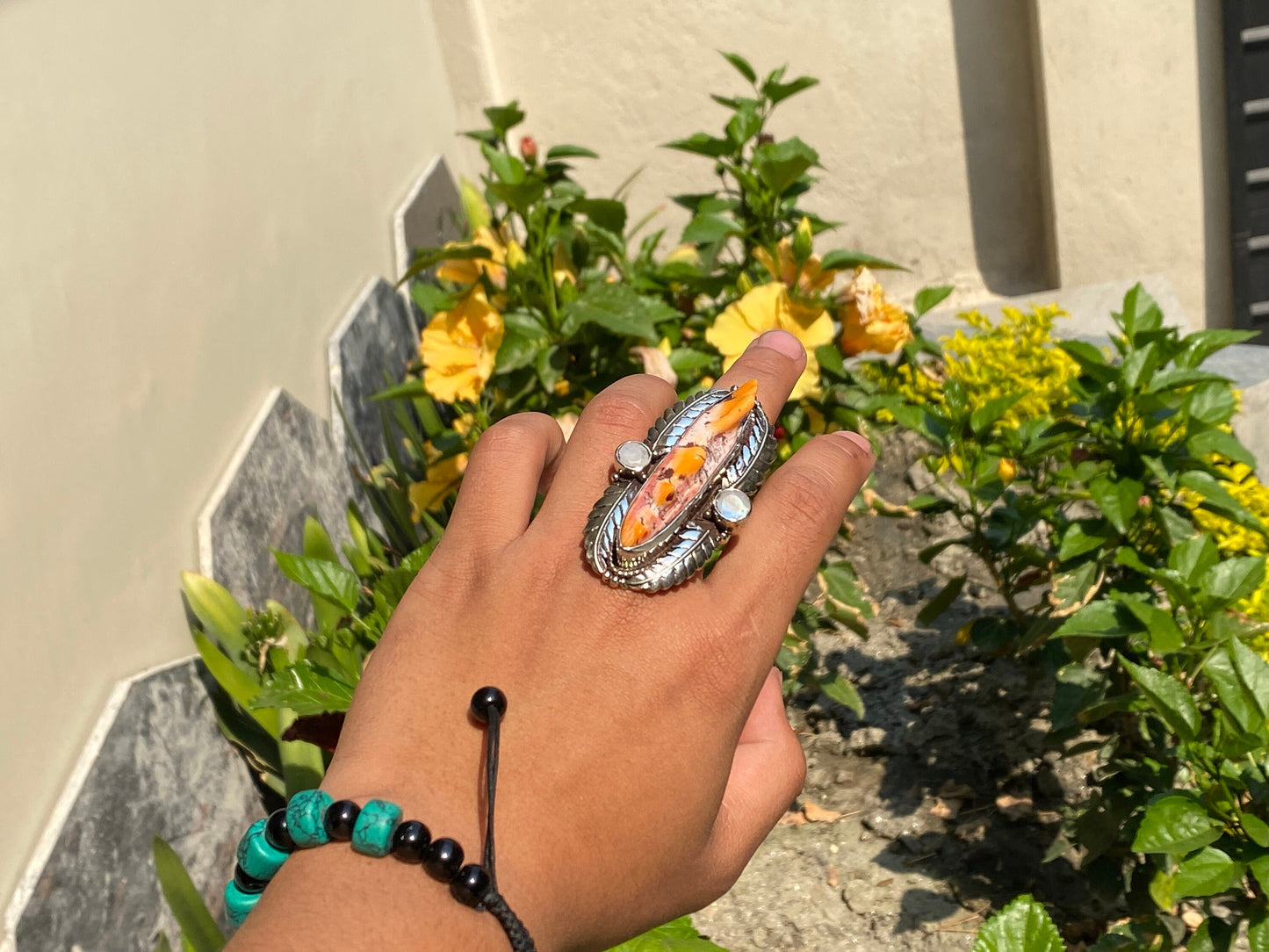Calming Spiny Orange Oyster Ring, Handmade Tibetan Silver Ring, Hammered ring.