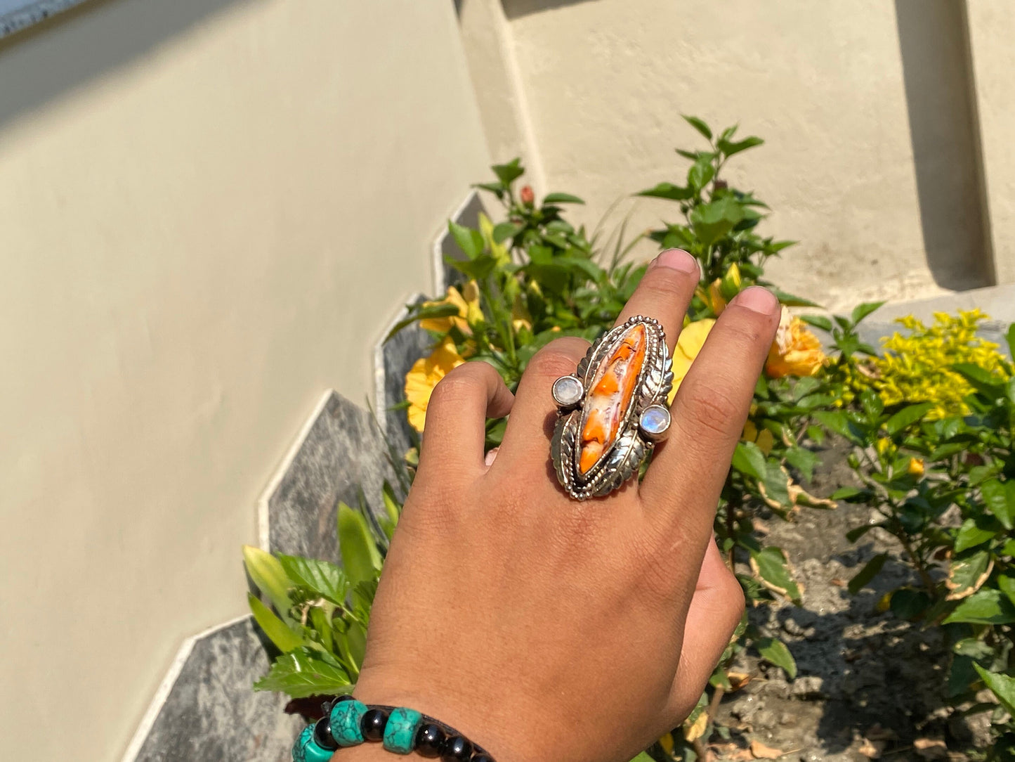 Calming Spiny Orange Oyster Ring, Handmade Tibetan Silver Ring, Hammered ring.