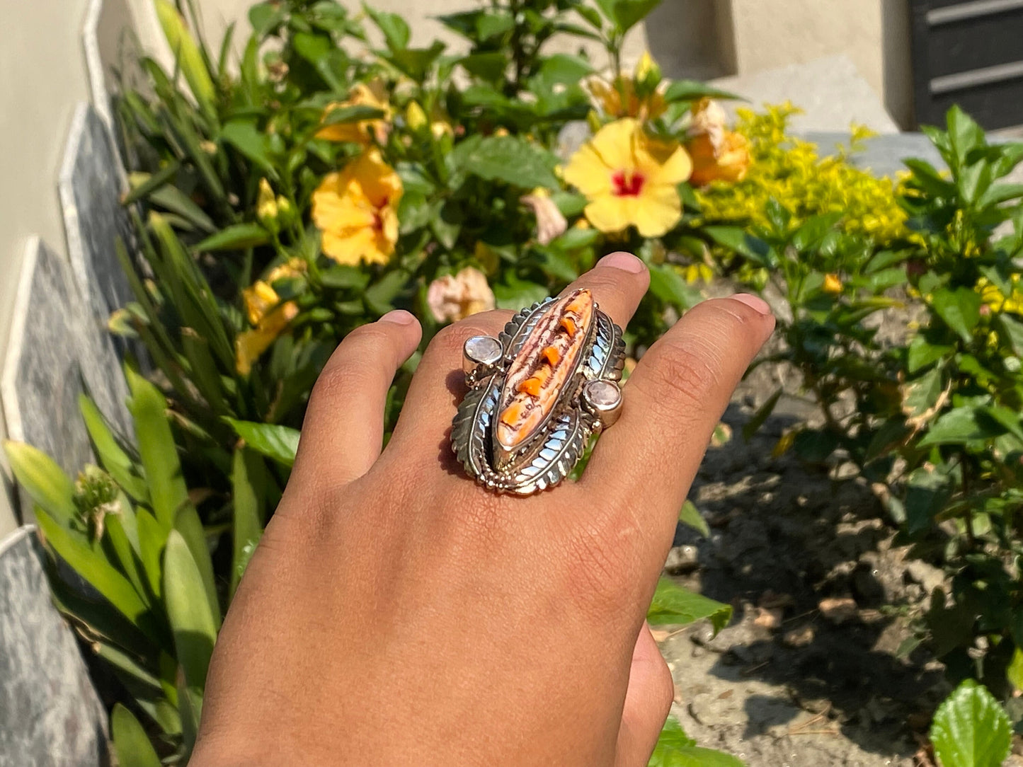 Calming Spiny Orange Oyster Ring, Handmade Tibetan Silver Ring, Hammered ring.