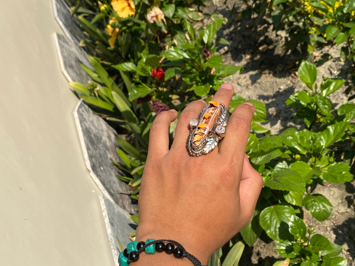 Calming Spiny Orange Oyster Ring, Handmade Tibetan Silver Ring, Hammered ring.