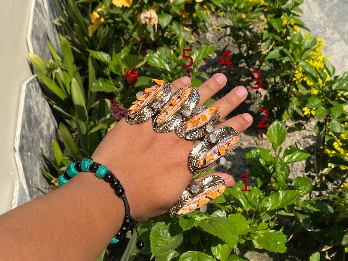 Calming Spiny Orange Oyster Ring, Handmade Tibetan Silver Ring, Hammered ring.