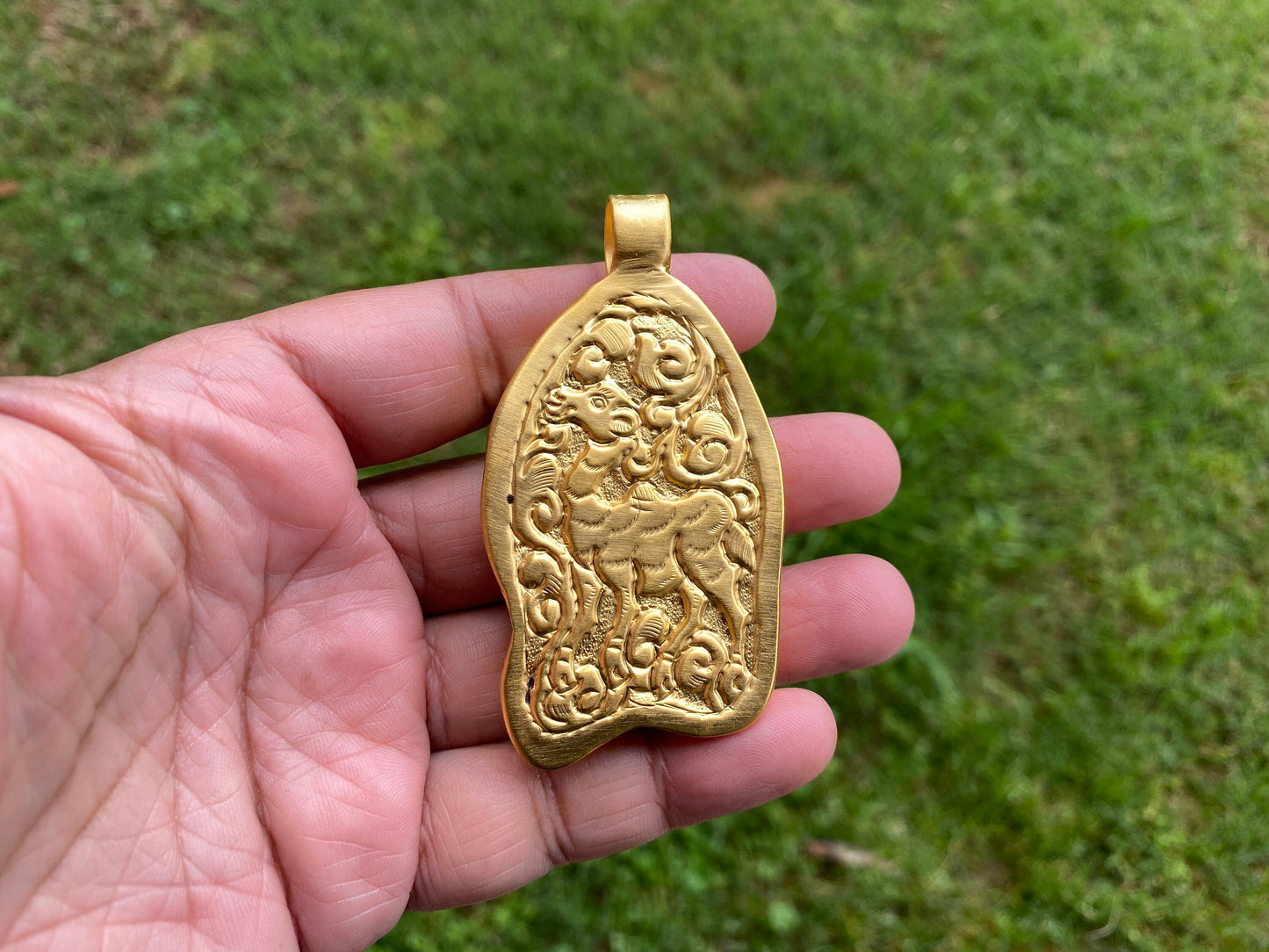 Carved Bone Ganesh High Quality 18K Brushed Gold Overlay Non Tarnish Tibetan Pendant, Yoga Pendant, Spiritual Pendant for Men or Women, Boho