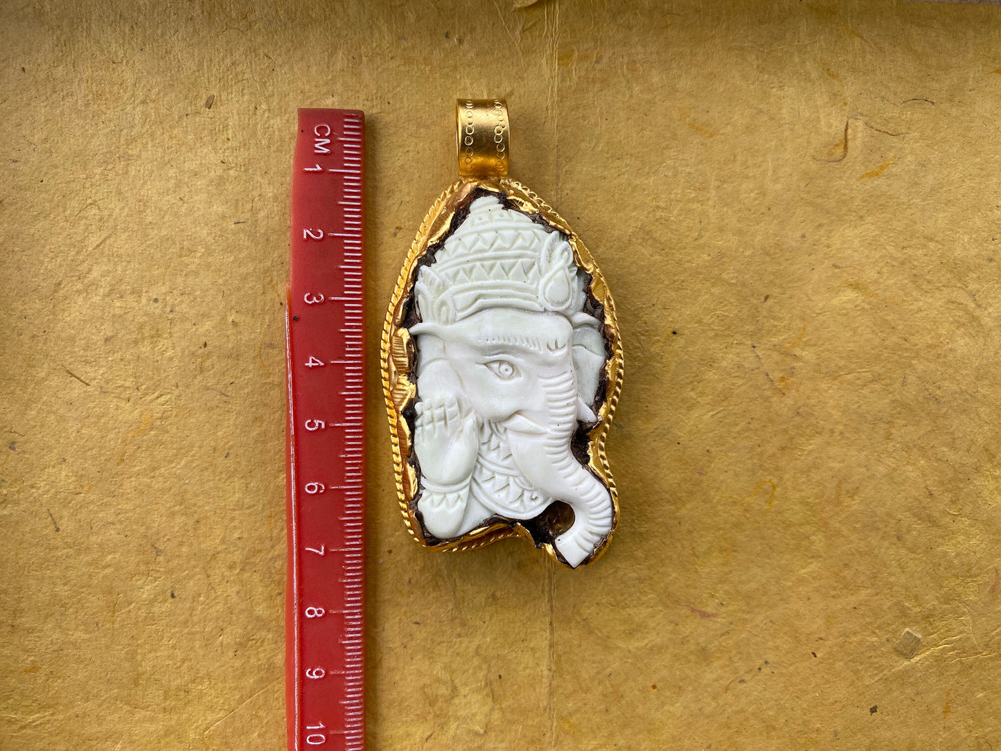 Carved Bone Ganesh High Quality 18K Brushed Gold Overlay Non Tarnish Tibetan Pendant, Yoga Pendant, Spiritual Pendant for Men or Women, Boho