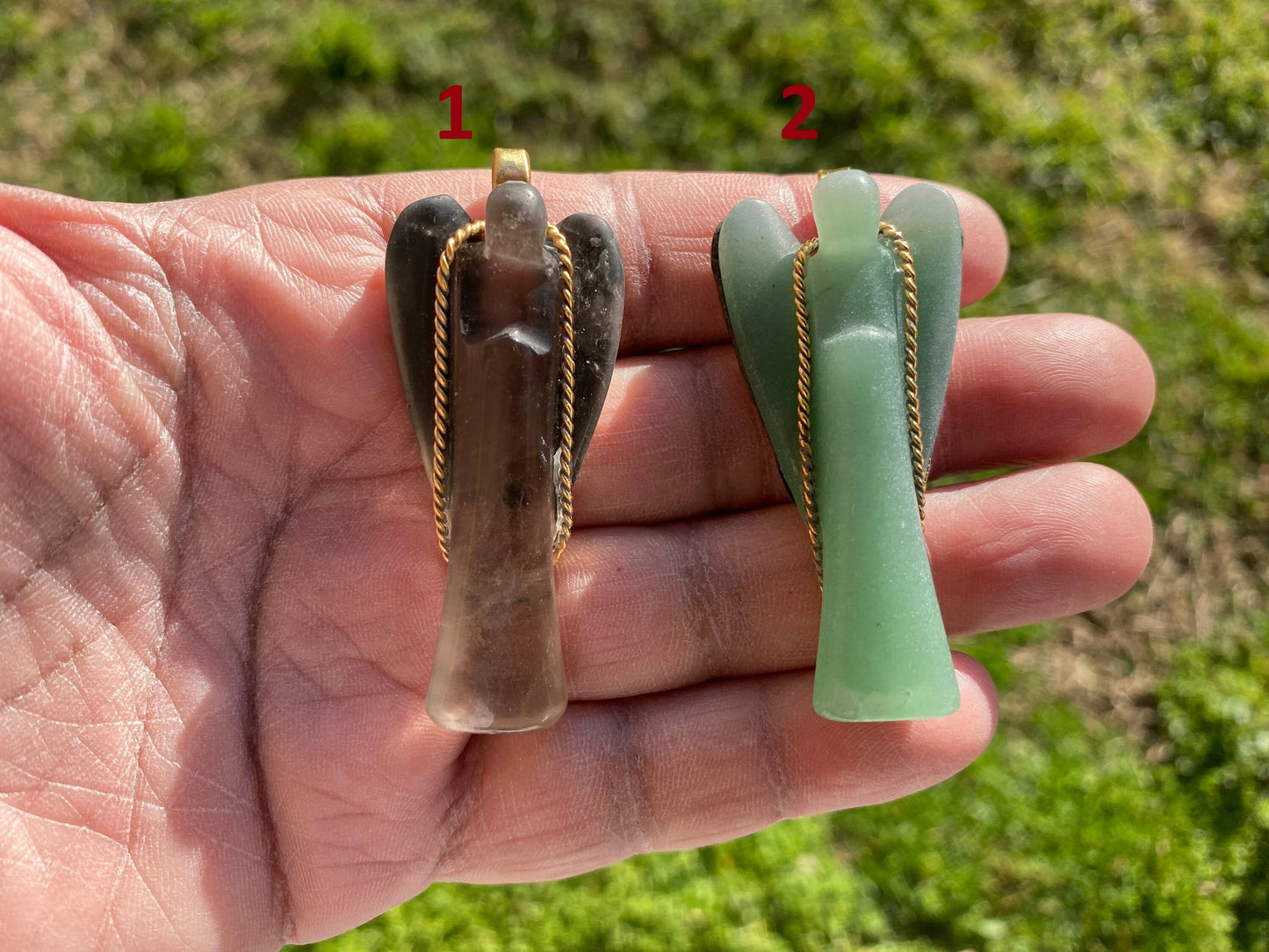Carved Crystal Angel Pendant, Smoky Quartz or Aventurine Gemstone Angel, High Quality 18K Brushed Gold Overlay Non Tarnish, Crystal Jewelry