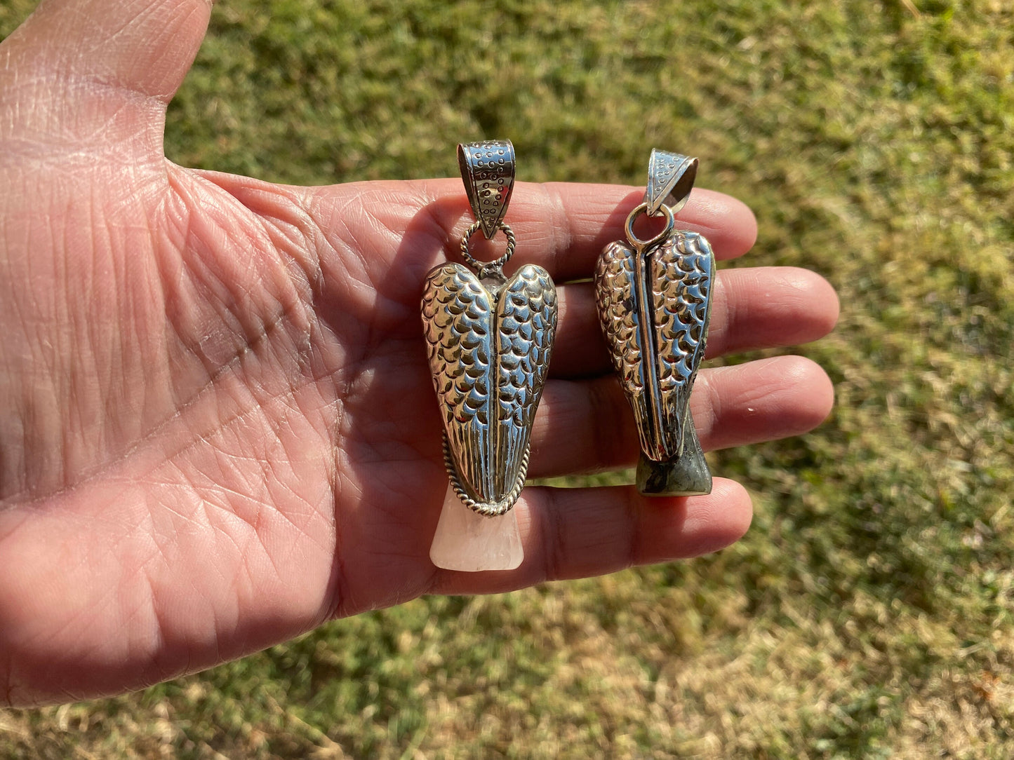 Carved Crystal Angel Tibetan Silver Pendant, Rose Quartz Angel, Labradorite Angel Jewelry, Natural Stones Pendant for Necklace