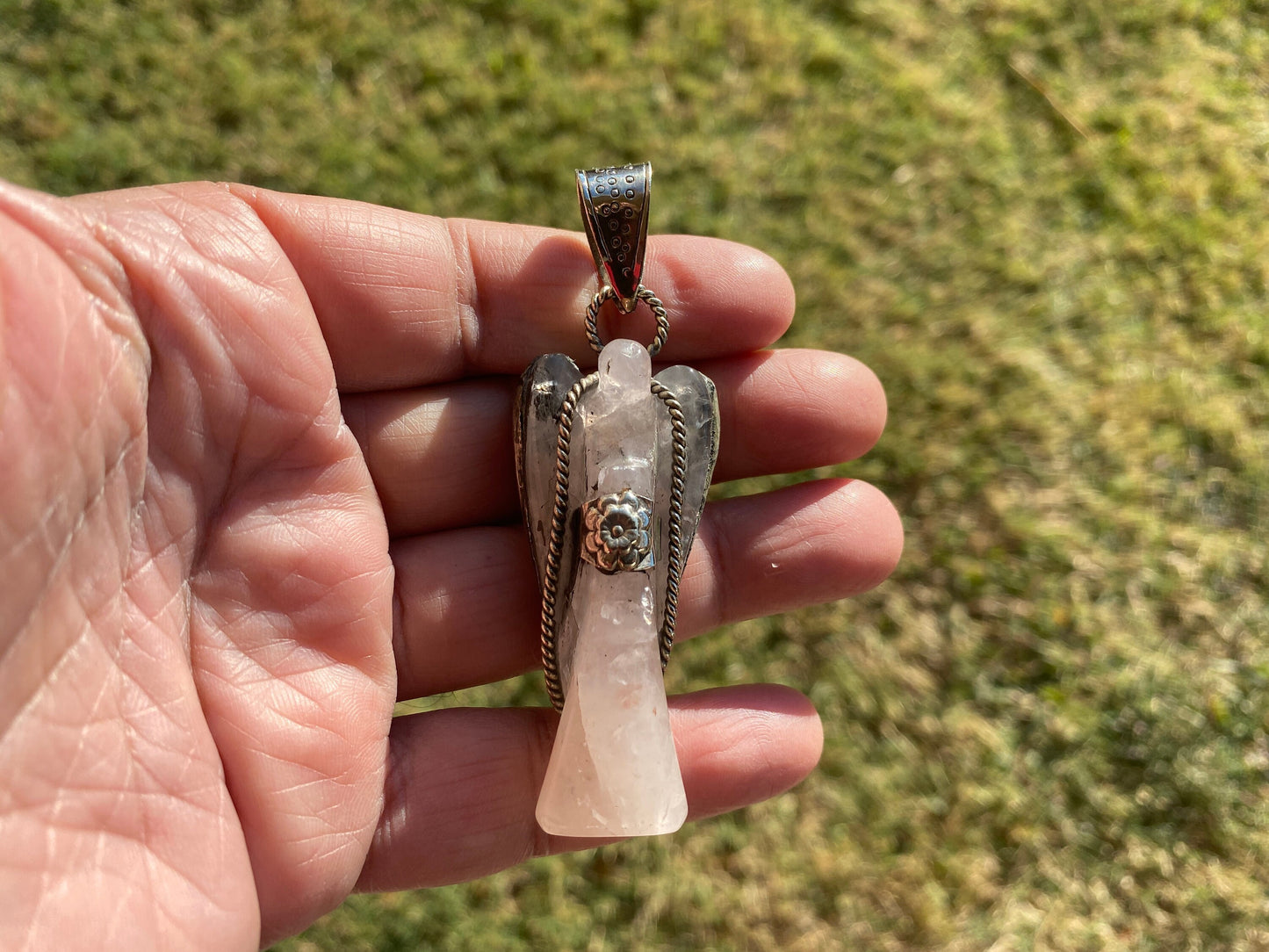 Carved Crystal Angel Tibetan Silver Pendant, Rose Quartz Angel, Labradorite Angel Jewelry, Natural Stones Pendant for Necklace