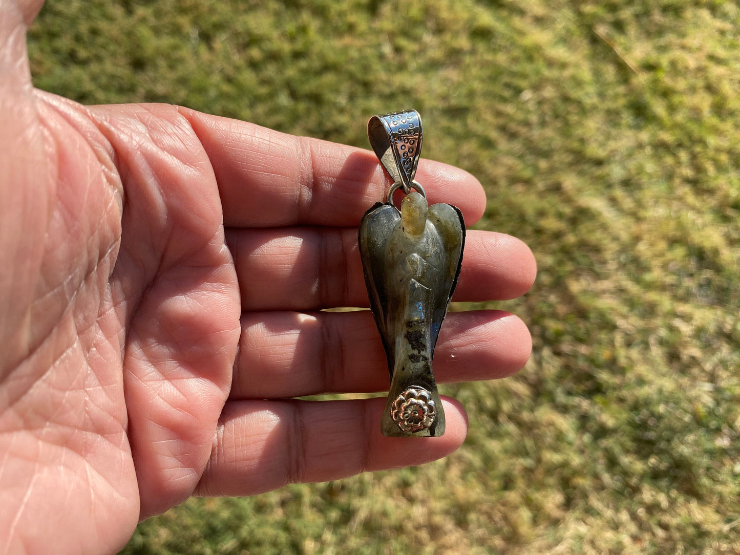 Carved Crystal Angel Tibetan Silver Pendant, Rose Quartz Angel, Labradorite Angel Jewelry, Natural Stones Pendant for Necklace
