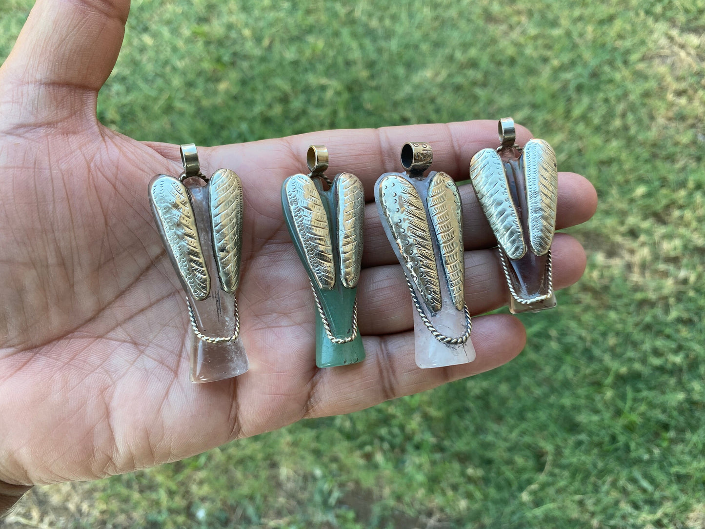 Carved Crystal Angel Tibetan Silver Pendant, Green Aventurine Angel, Rose Quartz Angel Jewelry, Smoky Quartz Angel Pendant for Necklace