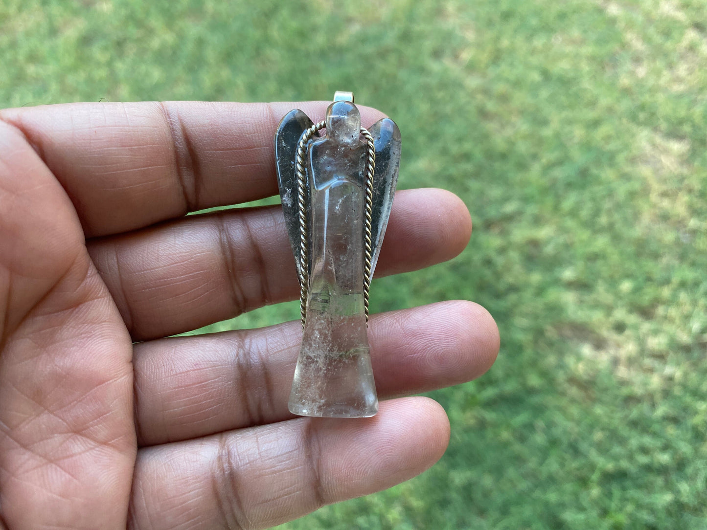 Carved Crystal Angel Tibetan Silver Pendant, Green Aventurine Angel, Rose Quartz Angel Jewelry, Smoky Quartz Angel Pendant for Necklace