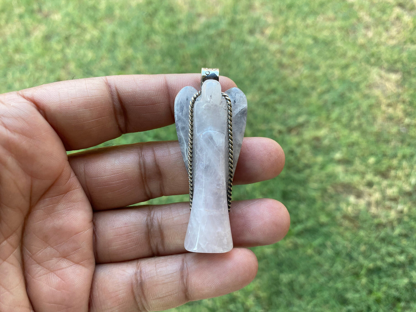 Carved Crystal Angel Tibetan Silver Pendant, Green Aventurine Angel, Rose Quartz Angel Jewelry, Smoky Quartz Angel Pendant for Necklace