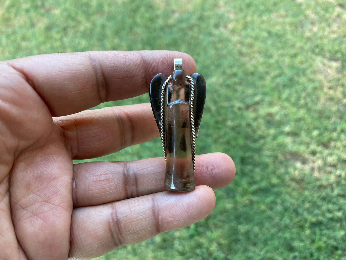 Carved Crystal Angel Tibetan Silver Pendant, Green Aventurine Angel, Rose Quartz Angel Jewelry, Smoky Quartz Angel Pendant for Necklace