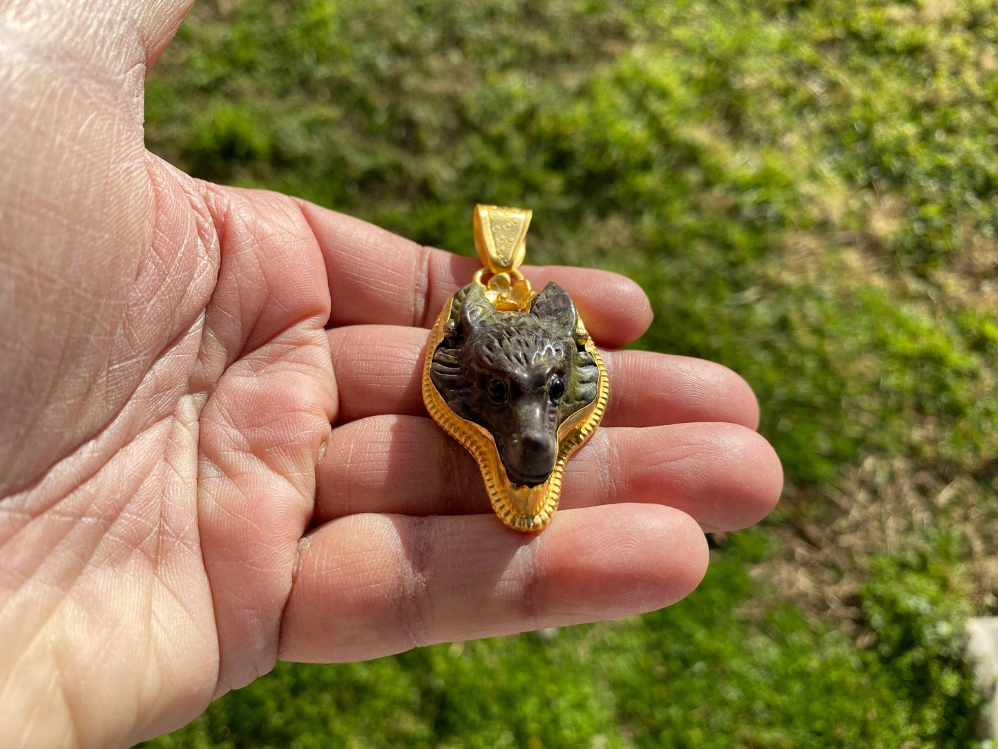 Carved Fox Head Jasper Non Tarnish 18k Brushed Gold Overlay Pendant, Natural Stone, Jewelry Making, Animal Jewelry, Animal Lover's Pendant