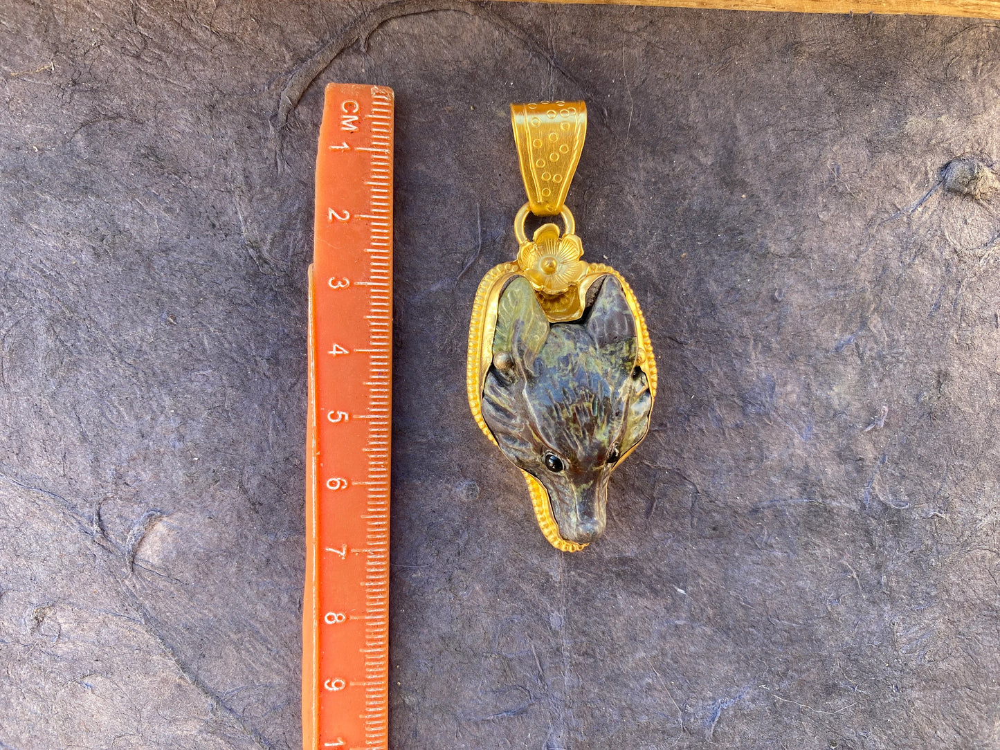 Carved Fox Head Jasper Non Tarnish 18k Brushed Gold Overlay Pendant, Natural Stone, Jewelry Making, Animal Jewelry, Animal Lover's Pendant