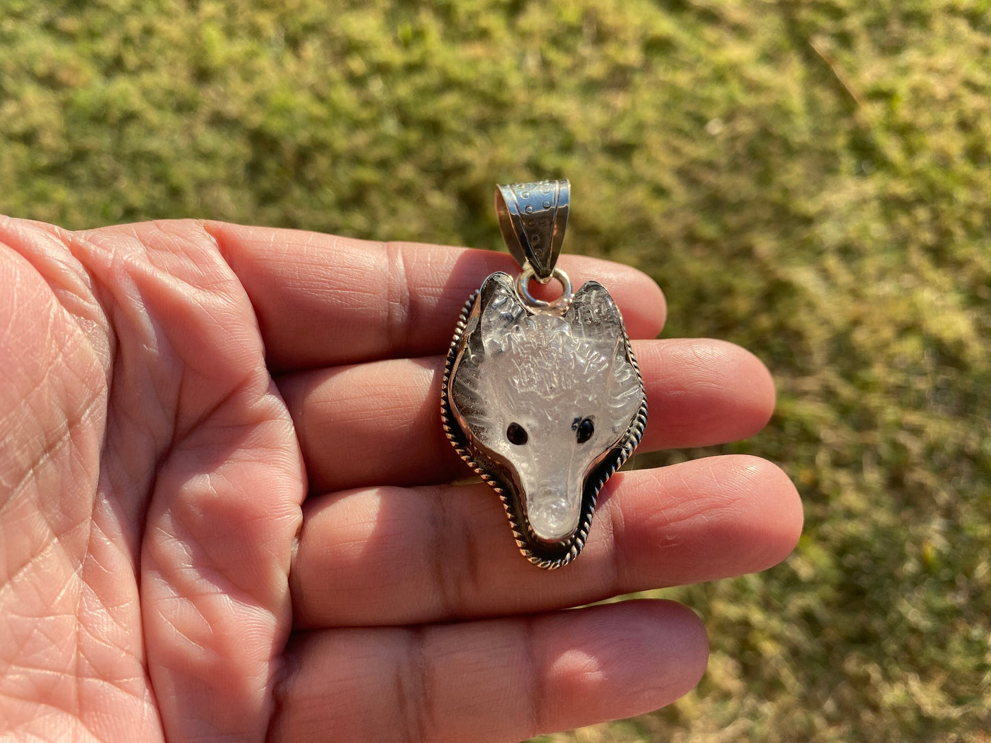 Carved Fox Head Tibetan Silver Pendant, Amazonite or Crystal or Opalite Natural Stone, Jewelry Making, Animal Jewelry, Animal Lover Pendant