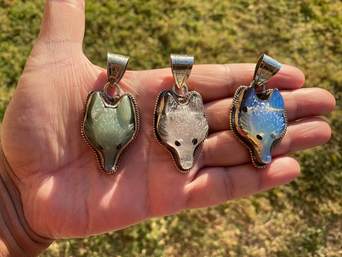Carved Fox Head Tibetan Silver Pendant, Amazonite or Crystal or Opalite Natural Stone, Jewelry Making, Animal Jewelry, Animal Lover Pendant