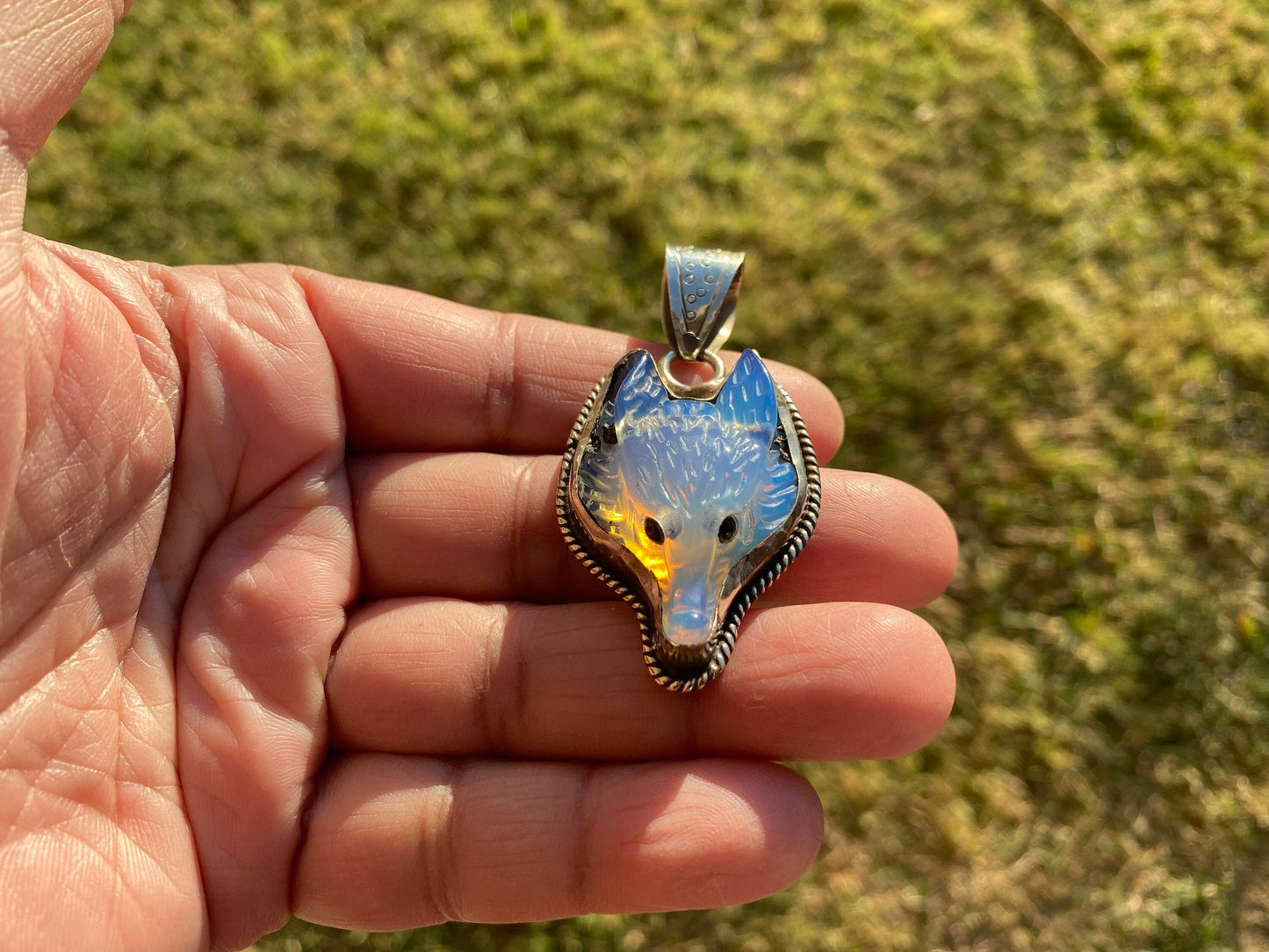Carved Fox Head Tibetan Silver Pendant, Amazonite or Crystal or Opalite Natural Stone, Jewelry Making, Animal Jewelry, Animal Lover Pendant