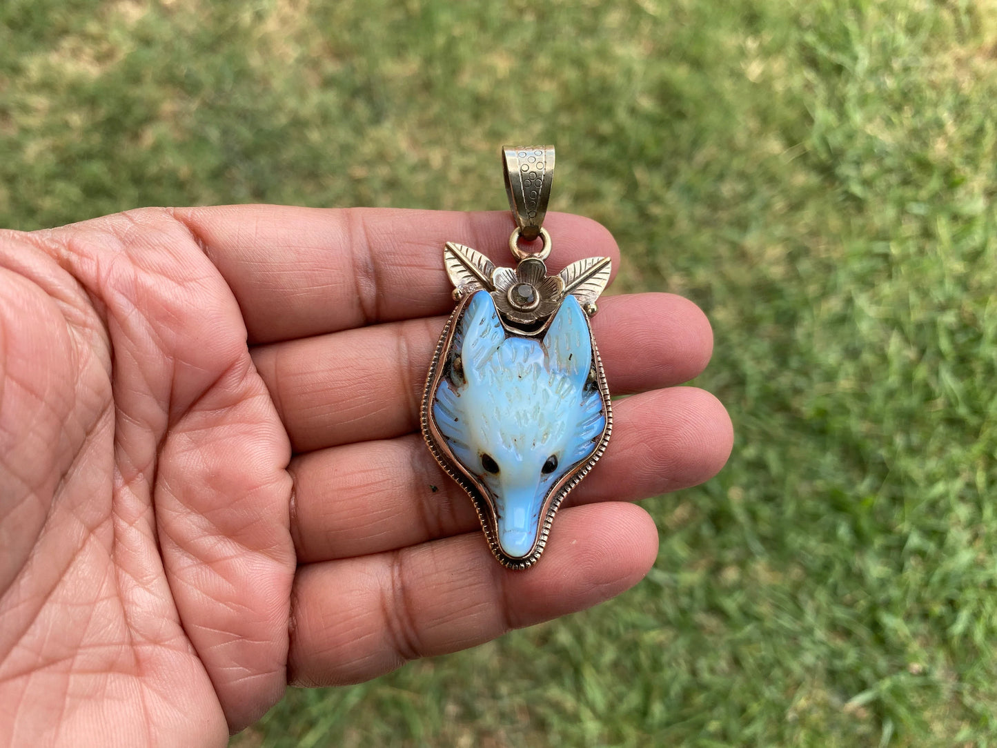 Carved Fox Opalite Tibetan Silver Pendant, Animal Jewelry, Wild Inspired, Mystical Jewelry, Gift Idea, Unique Design, Elegant Jewelry,