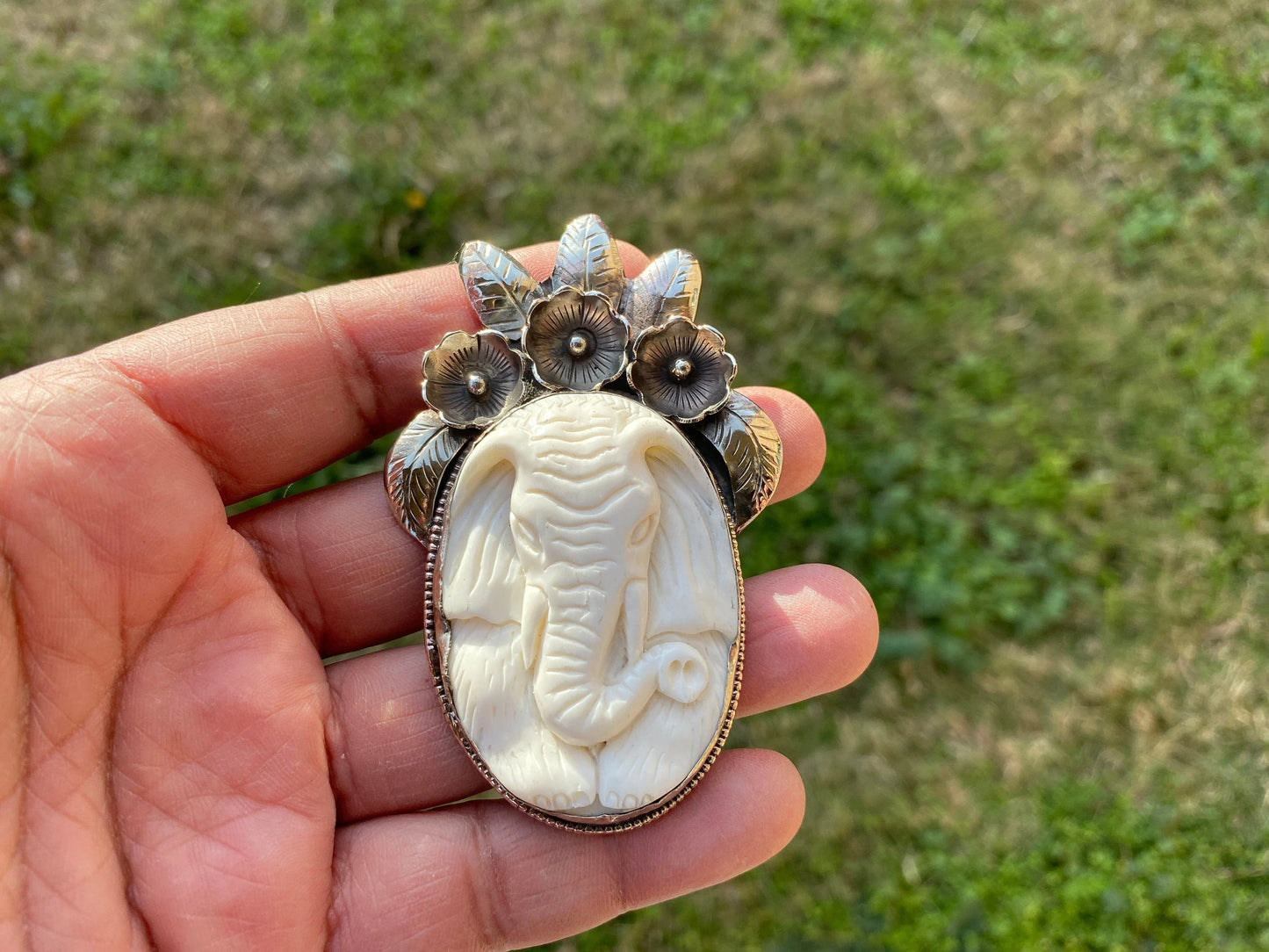 Carved Ganesh Tibetan Silver Pendant, Buffalo Bone, Elephant Head, Yoga Pendant, Ethnic Jewelry, Spiritual Pendant, Locket for Men or Women
