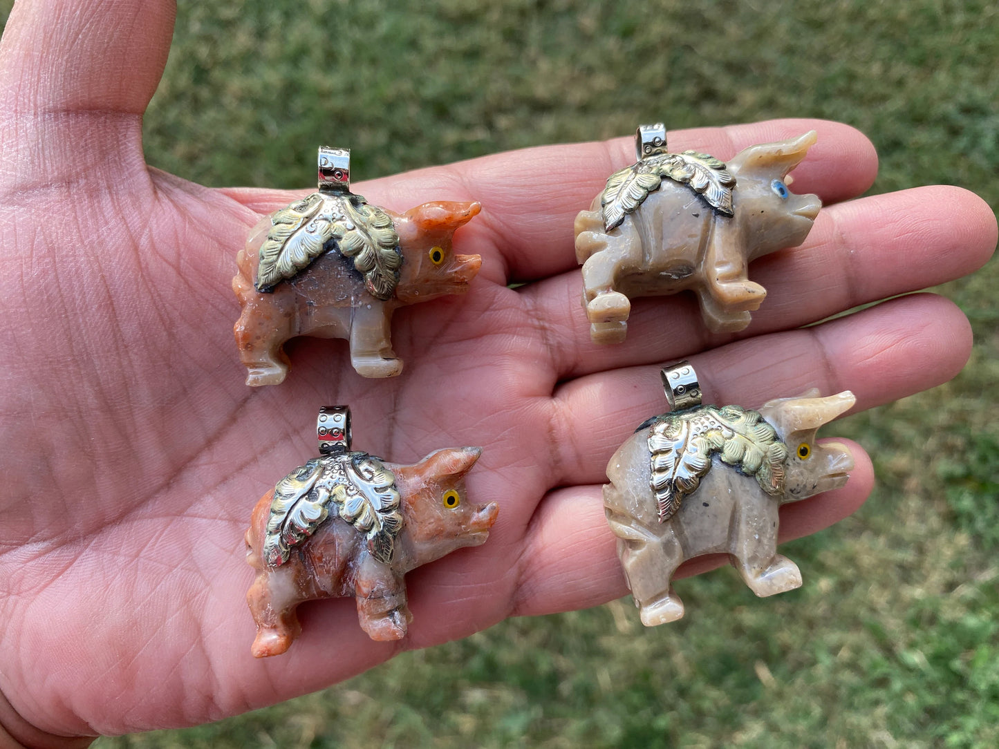 Carved Stone Piggy Soapstone Totem Animal Tibetan Silver Pendant , Spirit Animal Gift Tibetan Silver Pendant, Stone Pig Figurine, Pig Statue