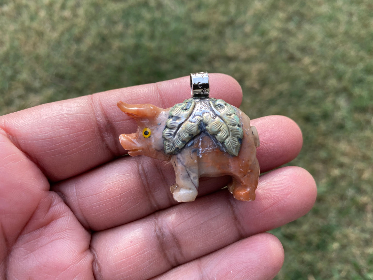 Carved Stone Piggy Soapstone Totem Animal Tibetan Silver Pendant , Spirit Animal Gift Tibetan Silver Pendant, Stone Pig Figurine, Pig Statue