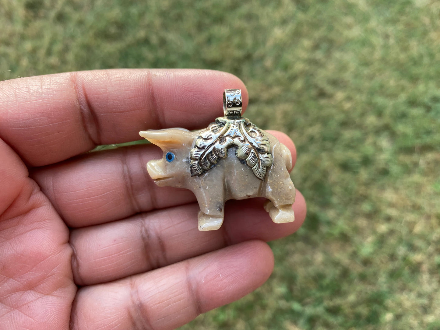 Carved Stone Piggy Soapstone Totem Animal Tibetan Silver Pendant , Spirit Animal Gift Tibetan Silver Pendant, Stone Pig Figurine, Pig Statue