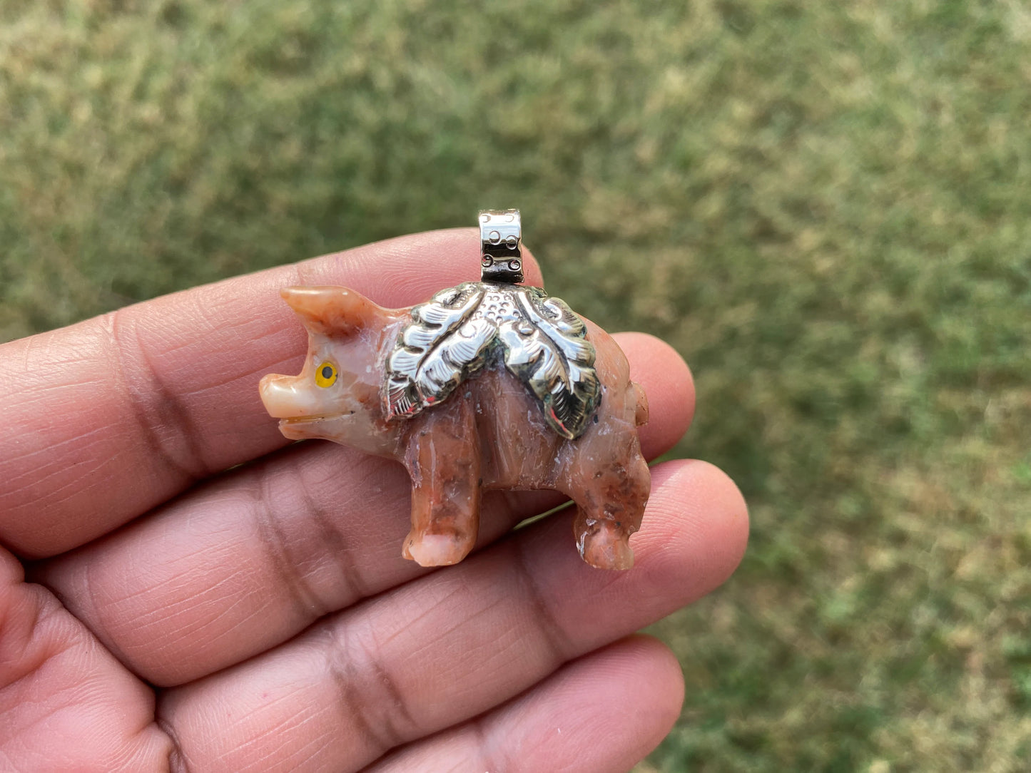 Carved Stone Piggy Soapstone Totem Animal Tibetan Silver Pendant , Spirit Animal Gift Tibetan Silver Pendant, Stone Pig Figurine, Pig Statue