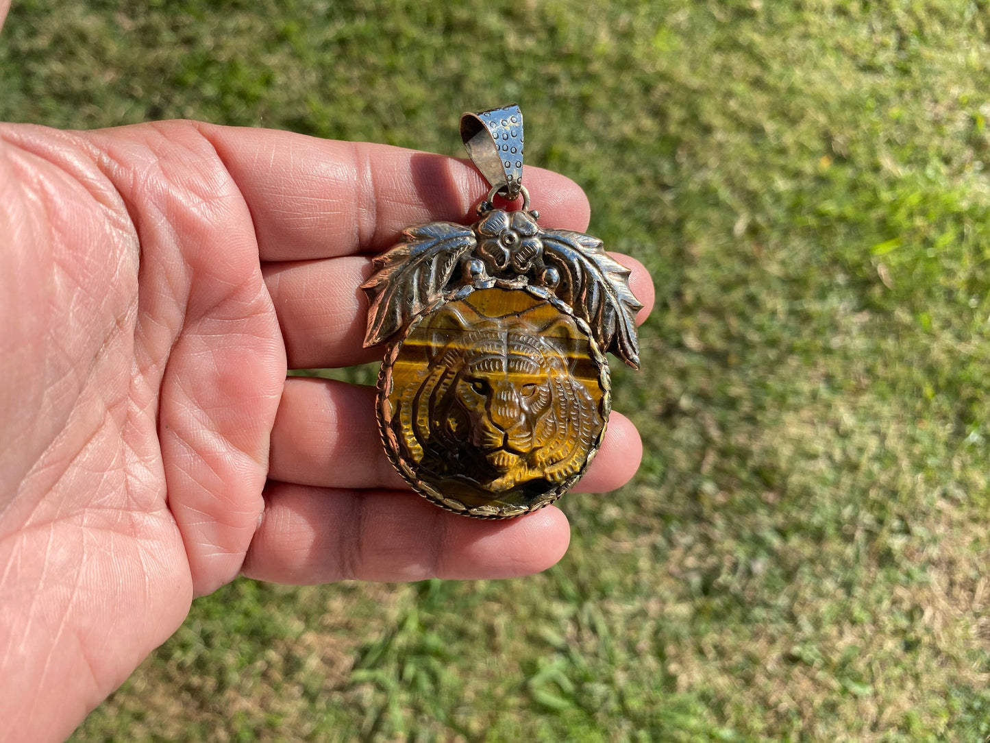 Carved Tiger Head Tibetan Silver Pendant, Tiger Eye Stone, Unique Animal Jewelry, Wildlife Inspired Pendant, Powerful Animal Totem Jewelry