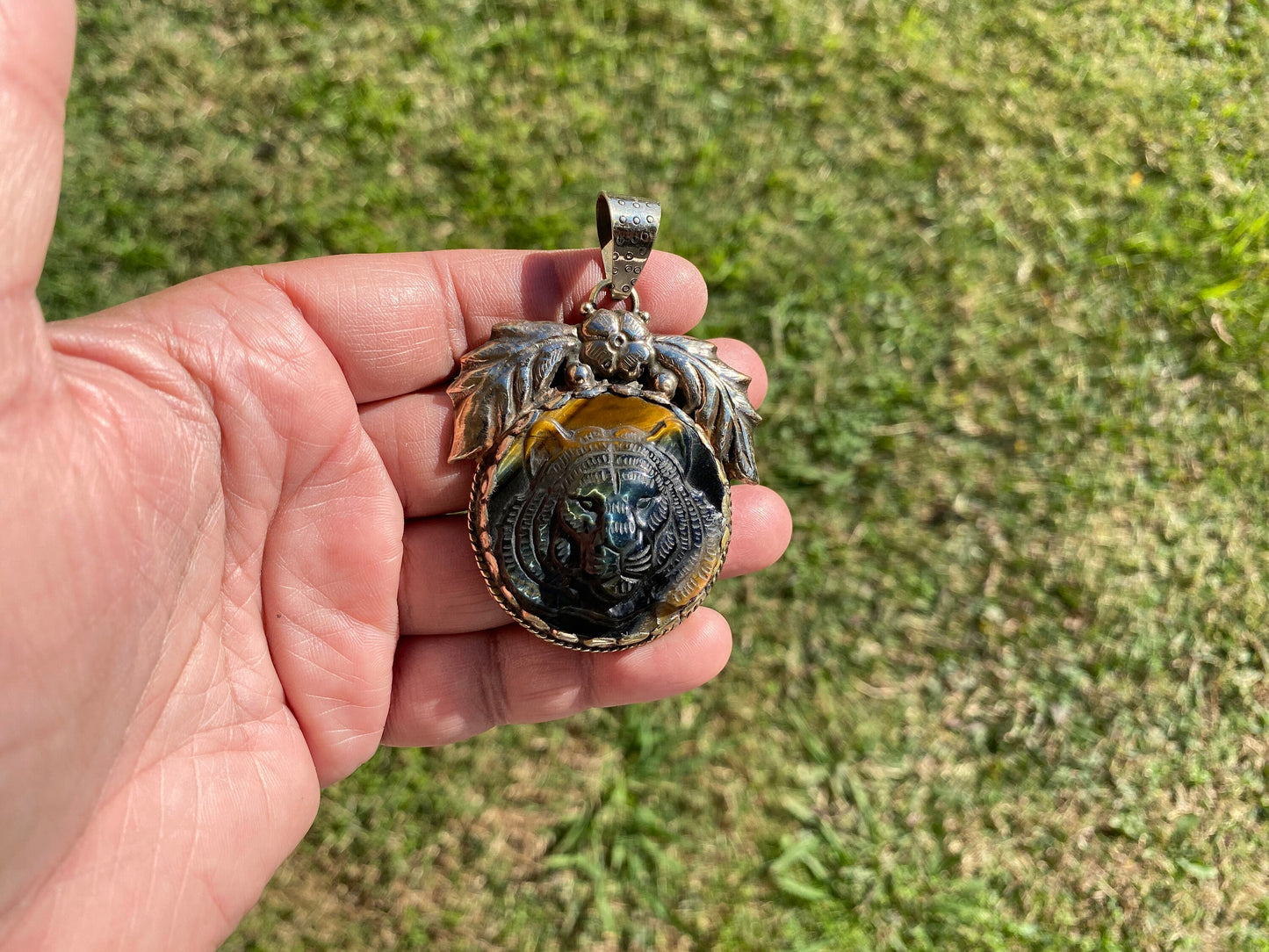 Carved Tiger Head Tibetan Silver Pendant, Tiger Eye Stone, Unique Animal Jewelry, Wildlife Inspired Pendant, Powerful Animal Totem Jewelry