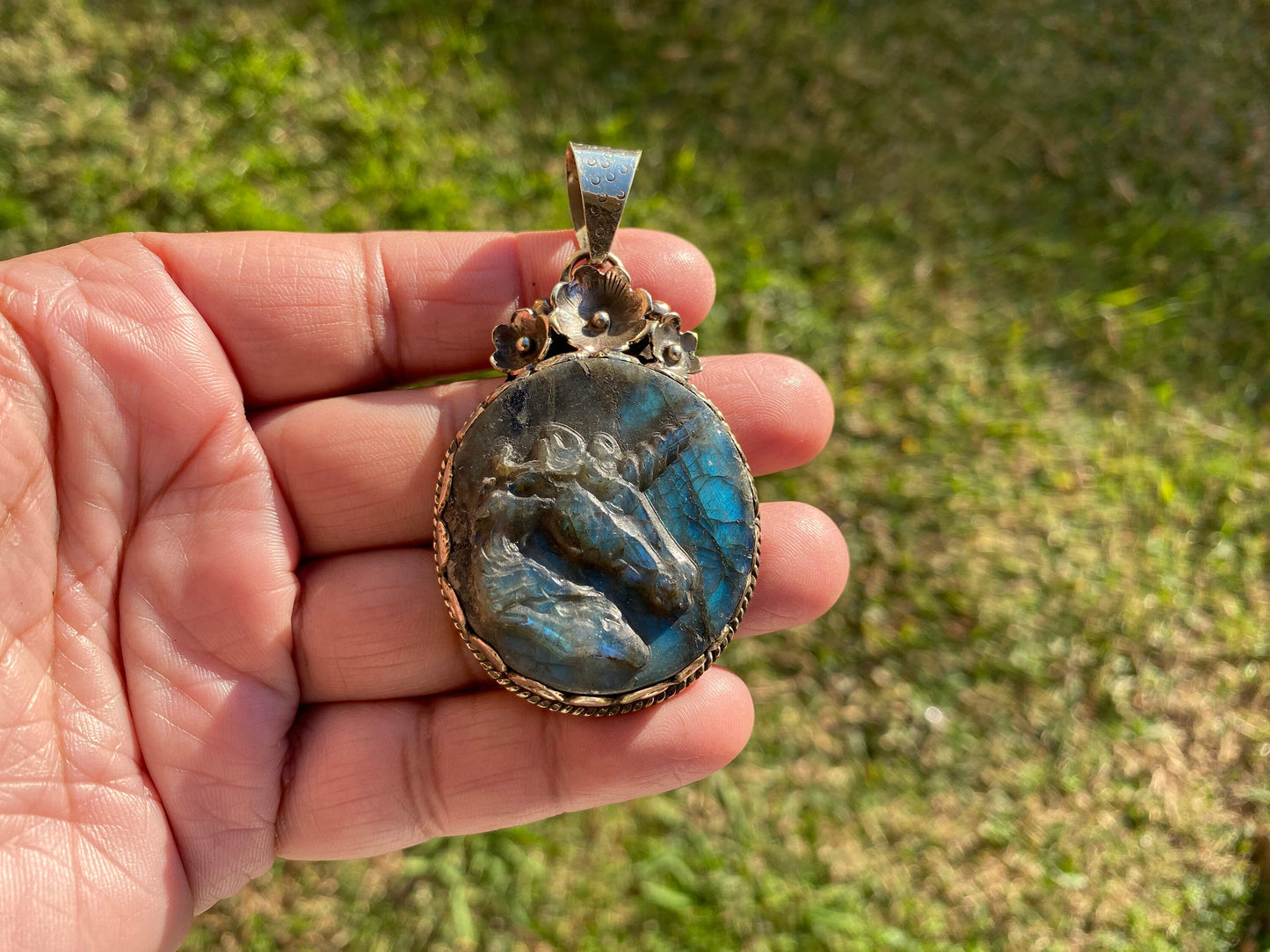 Carved Unicorn Labradorite Pendant, Tibetan Silver Jewelry, Natural Stone Jewelry, Bohemian Style Necklace, Horse Design Jewelry,