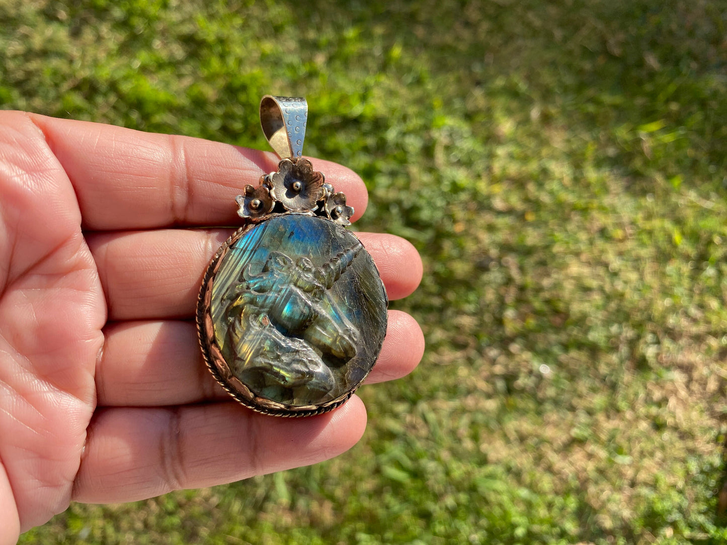 Carved Unicorn Labradorite Pendant, Tibetan Silver Jewelry, Natural Stone Jewelry, Bohemian Style Necklace, Horse Design Jewelry,