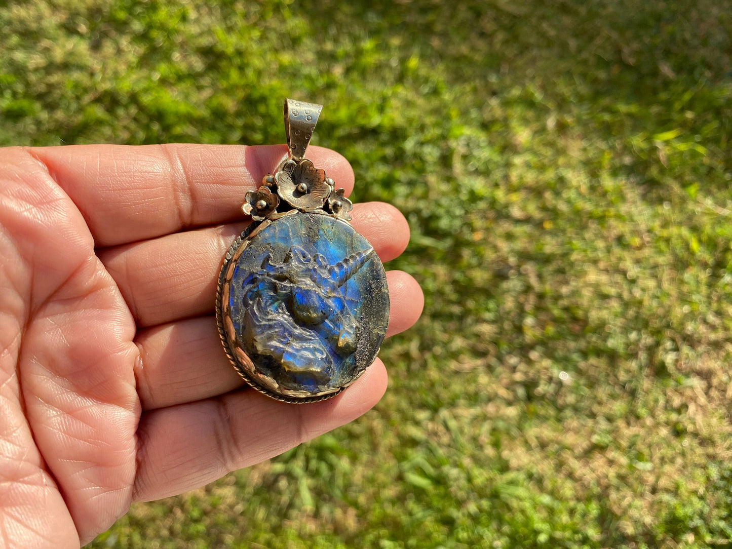 Carved Unicorn Labradorite Pendant, Tibetan Silver Jewelry, Natural Stone Jewelry, Bohemian Style Necklace, Horse Design Jewelry,