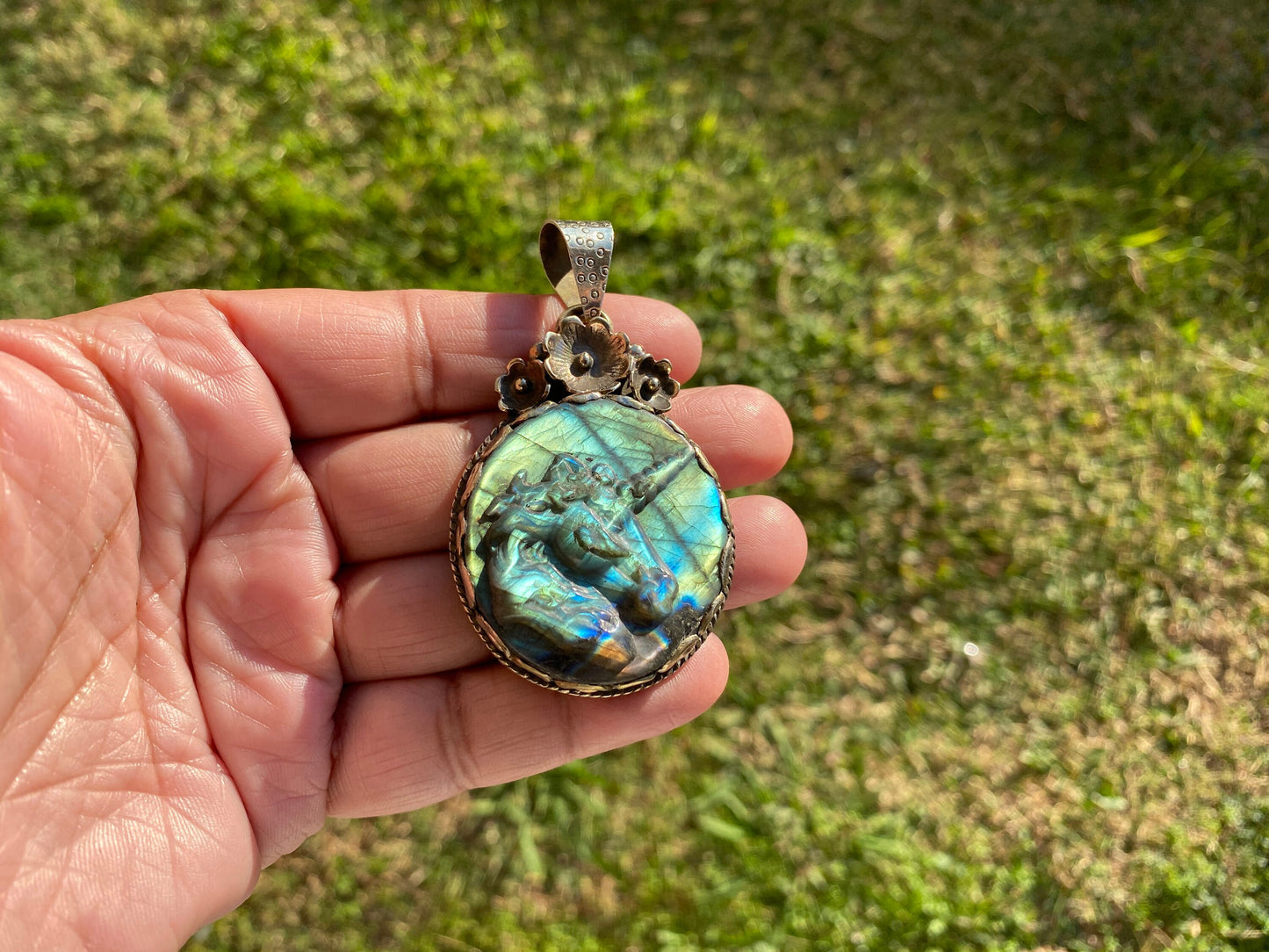 Carved Unicorn Labradorite Pendant, Tibetan Silver Jewelry, Natural Stone Jewelry, Bohemian Style Necklace, Horse Design Jewelry,