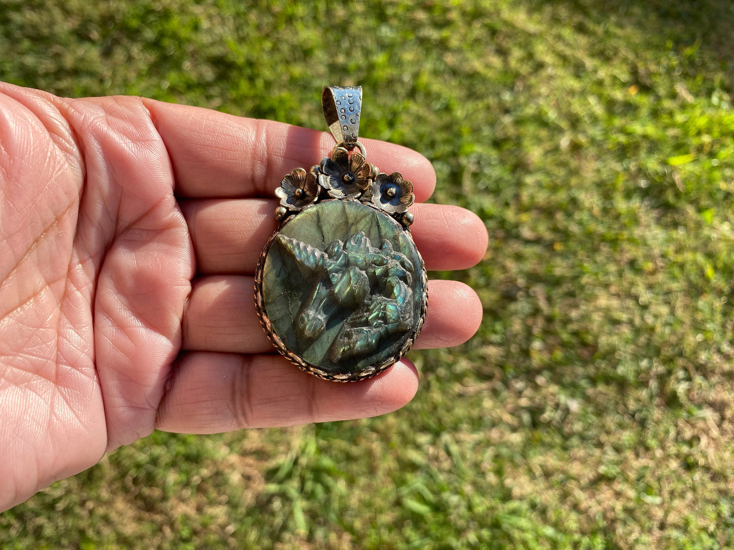 Carved Unicorn Labradorite Pendant, Tibetan Silver Jewelry, Natural Stone Jewelry, Bohemian Style Necklace, Horse Design Jewelry,