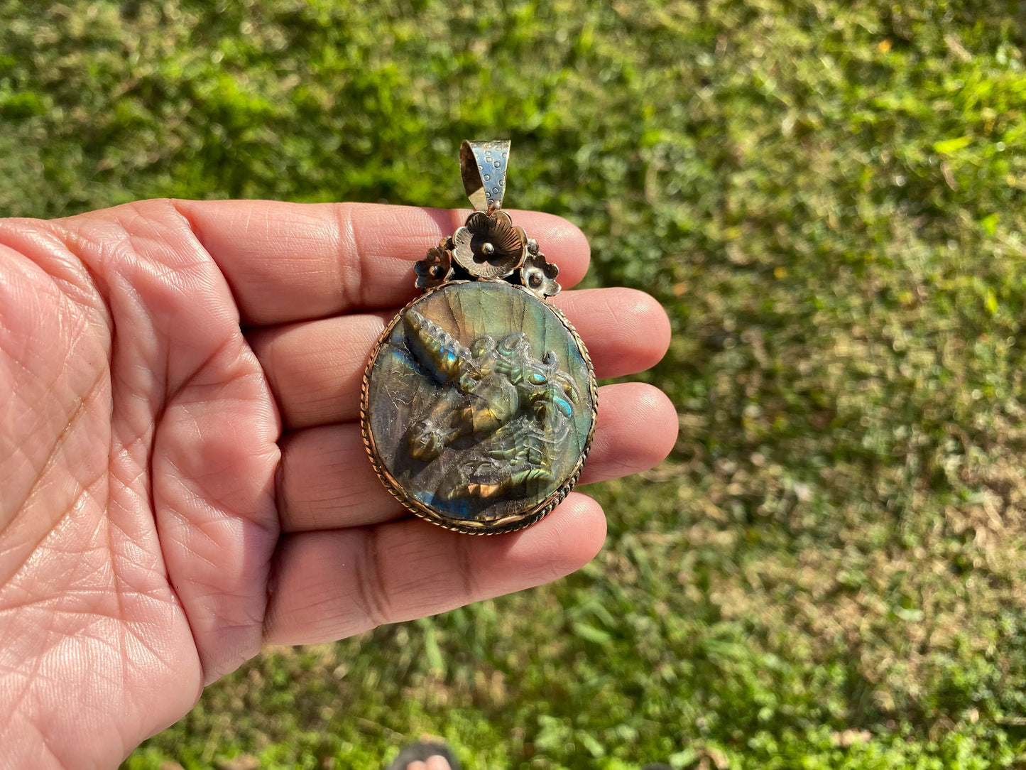 Carved Unicorn Labradorite Pendant, Tibetan Silver Jewelry, Natural Stone Jewelry, Bohemian Style Necklace, Horse Design Jewelry,