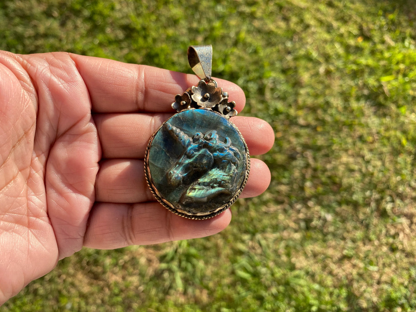 Carved Unicorn Labradorite Pendant, Tibetan Silver Jewelry, Natural Stone Jewelry, Bohemian Style Necklace, Horse Design Jewelry,