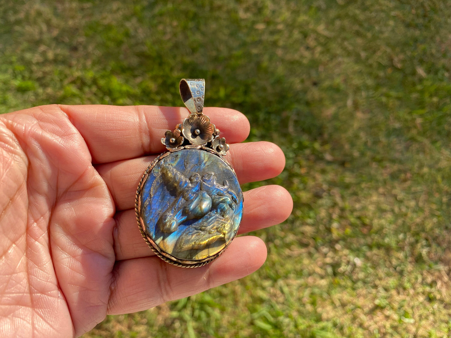 Carved Unicorn Labradorite Pendant, Tibetan Silver Jewelry, Natural Stone Jewelry, Bohemian Style Necklace, Horse Design Jewelry,
