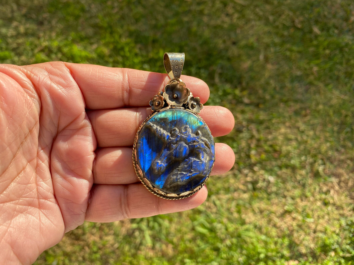 Carved Unicorn Labradorite Pendant, Tibetan Silver Jewelry, Natural Stone Jewelry, Bohemian Style Necklace, Horse Design Jewelry,