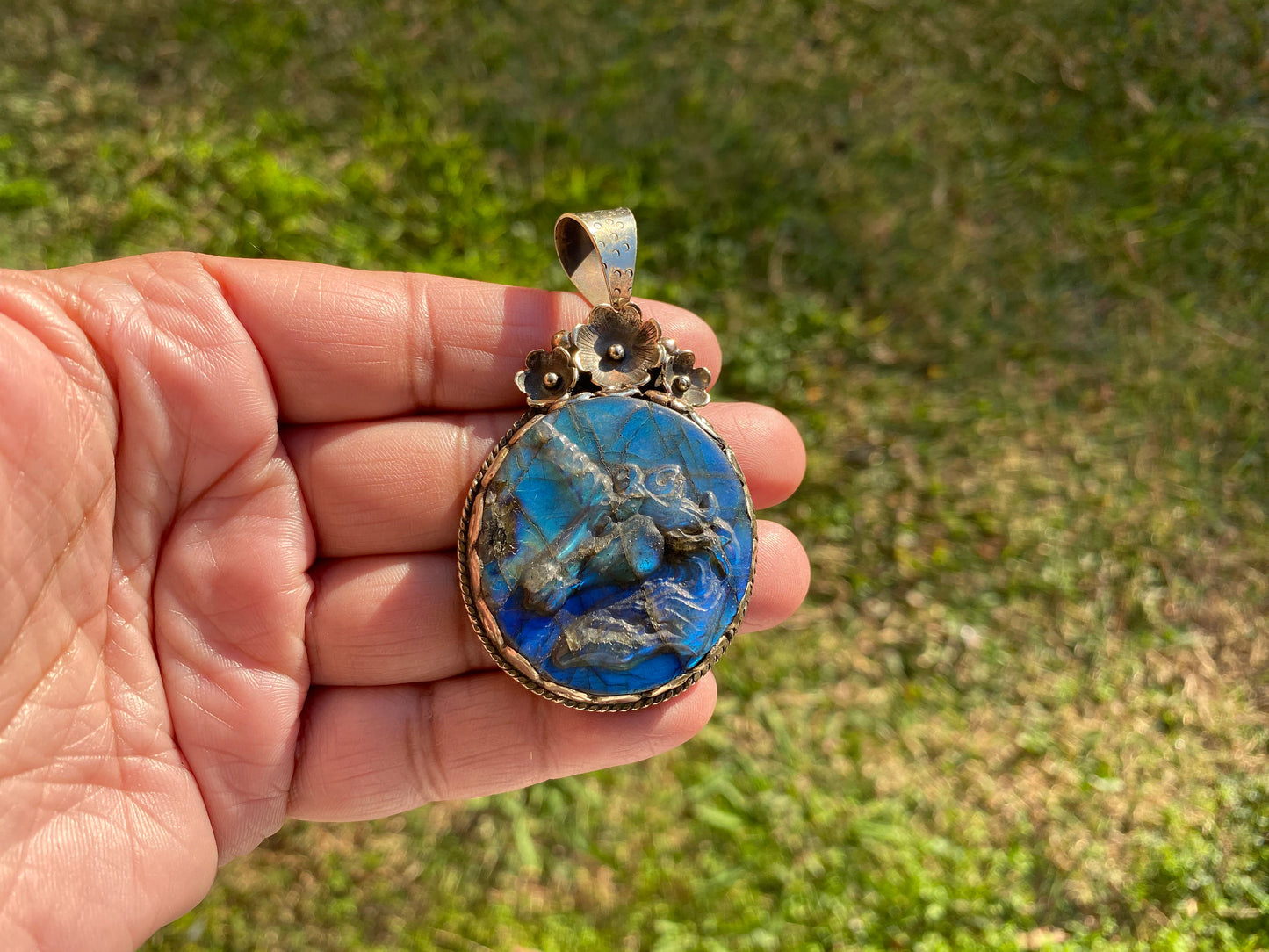 Carved Unicorn Labradorite Pendant, Tibetan Silver Jewelry, Natural Stone Jewelry, Bohemian Style Necklace, Horse Design Jewelry,