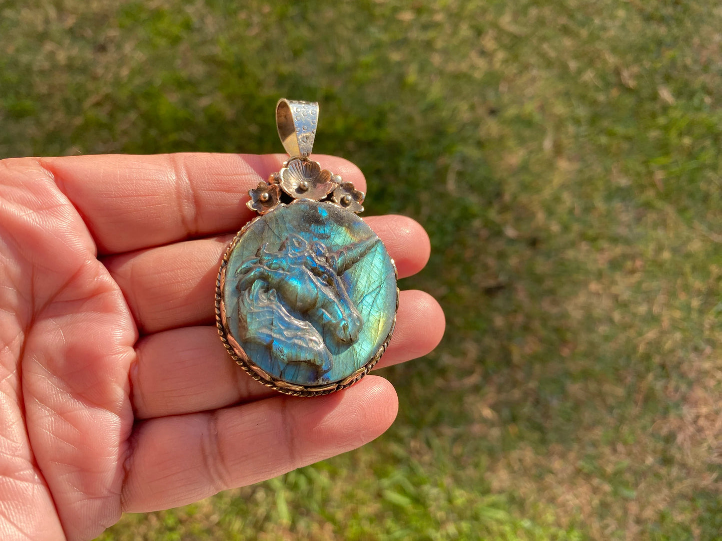 Carved Unicorn Labradorite Tibetan Silver Pendant, Horse Pendant, Labradorite Horse, Blue Labradorite, Wildlife Jewelry, Animal Pendant