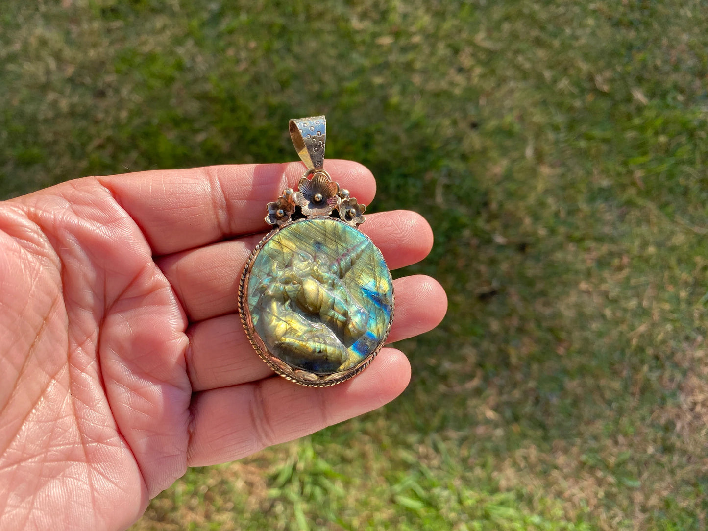 Carved Unicorn Labradorite Tibetan Silver Pendant, Horse Pendant, Labradorite Horse, Blue Labradorite, Wildlife Jewelry, Animal Pendant