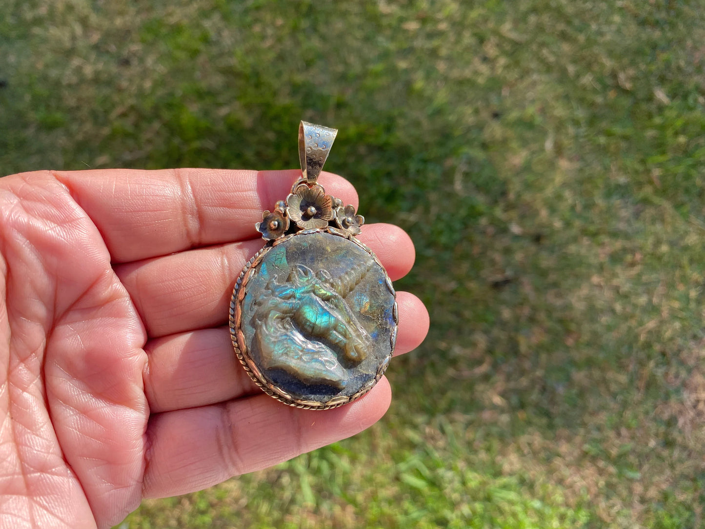 Carved Unicorn Labradorite Tibetan Silver Pendant, Horse Pendant, Labradorite Horse, Blue Labradorite, Wildlife Jewelry, Animal Pendant