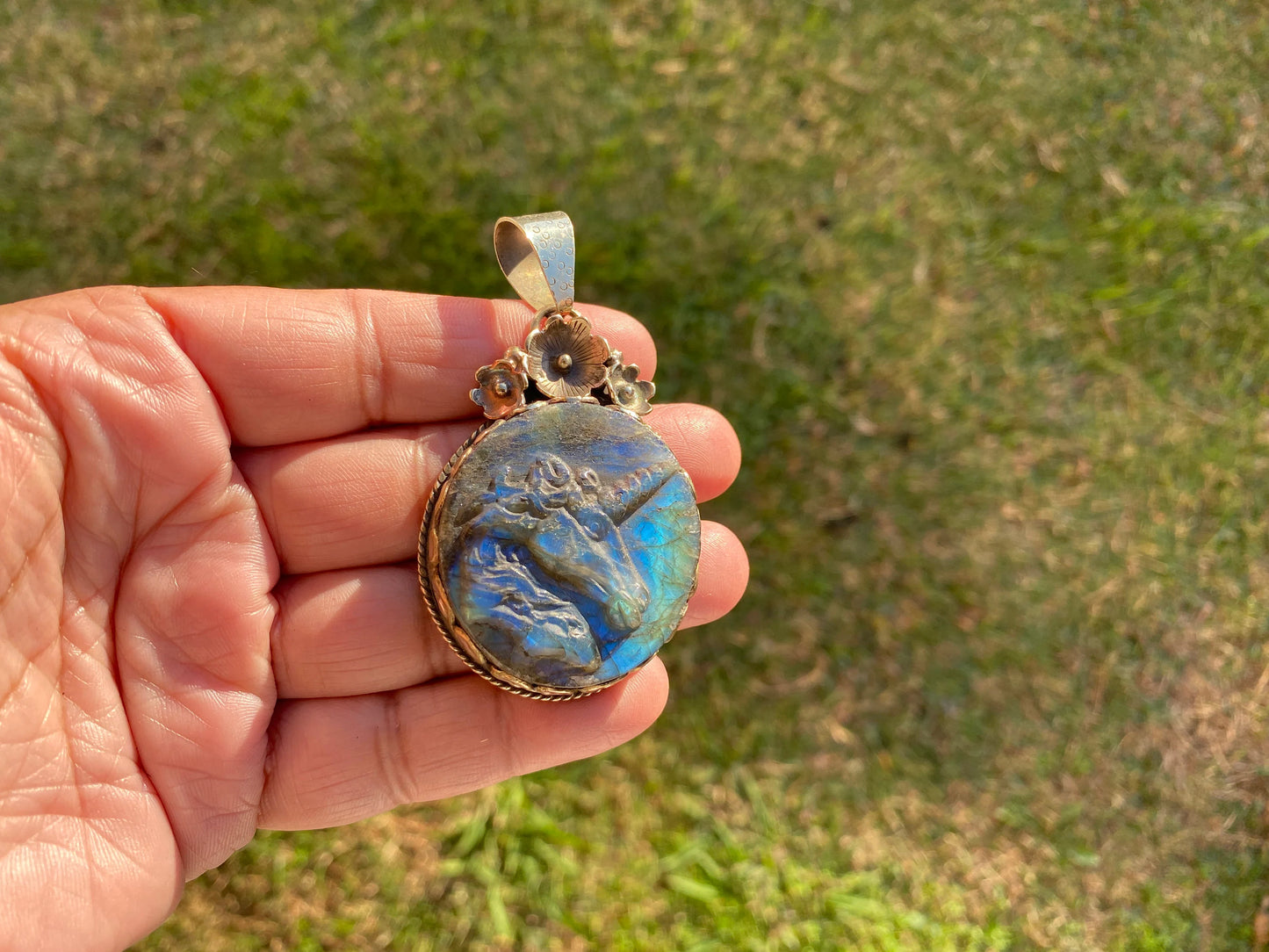 Carved Unicorn Labradorite Tibetan Silver Pendant, Horse Pendant, Labradorite Horse, Blue Labradorite, Wildlife Jewelry, Animal Pendant