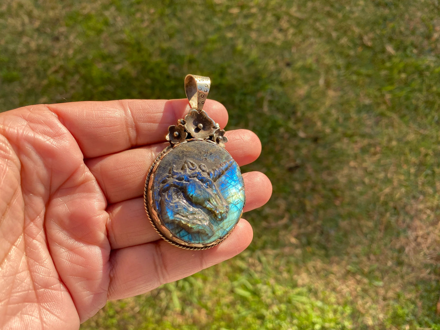 Carved Unicorn Labradorite Tibetan Silver Pendant, Horse Pendant, Labradorite Horse, Blue Labradorite, Wildlife Jewelry, Animal Pendant