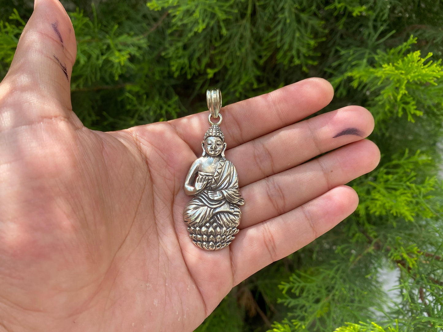 Awakened Soul: Carved Buddha Amulet in Tibetan Silver,Enlightened Guardian, Carved Buddha on Tibetan Silver Pendant.