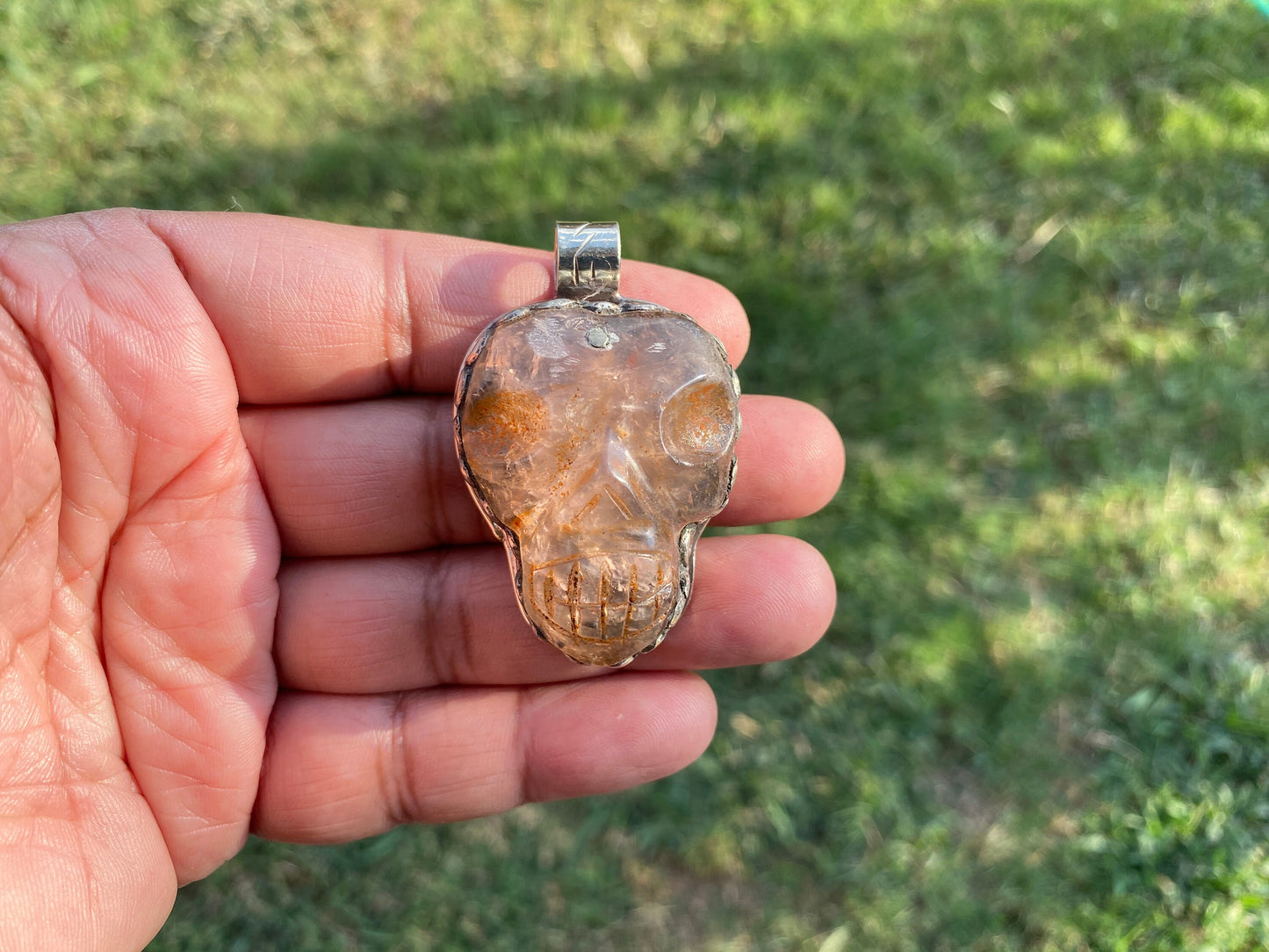 Caved Skull Crystal Pendant, Tibetan Silver, Crystal Pendant, Mystical Jewelry, Spiritual Amulet, Healing Crystal, Gothic, Energy Stone