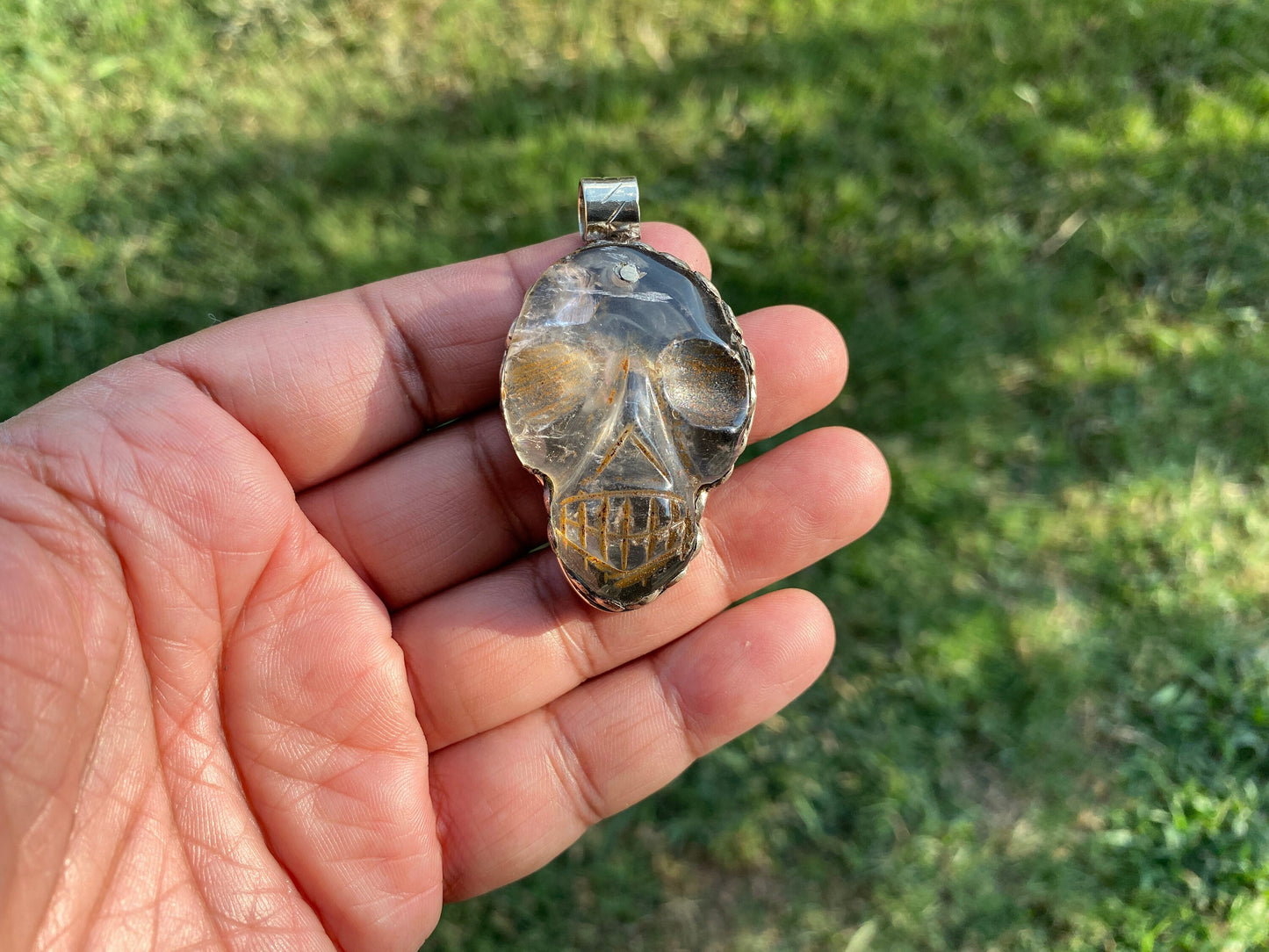 Caved Skull Crystal Pendant, Tibetan Silver, Crystal Pendant, Mystical Jewelry, Spiritual Amulet, Healing Crystal, Gothic, Energy Stone